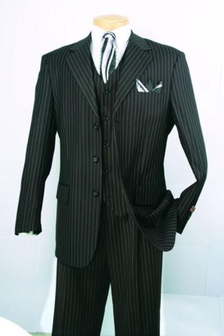 Mens Three Piece Suit - Vested Suit Superior Fabric 150's Luxurious Fashion three piece suit Classic Stripe ~ Pinstripe Design Liquid Jet Black Wool
