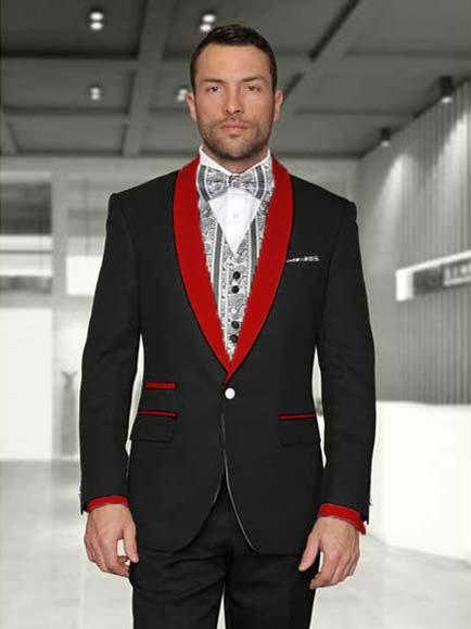  Men's 1 Button Black/Red Shawl Lapel Modern Fit Vested Evening Tuxedos
