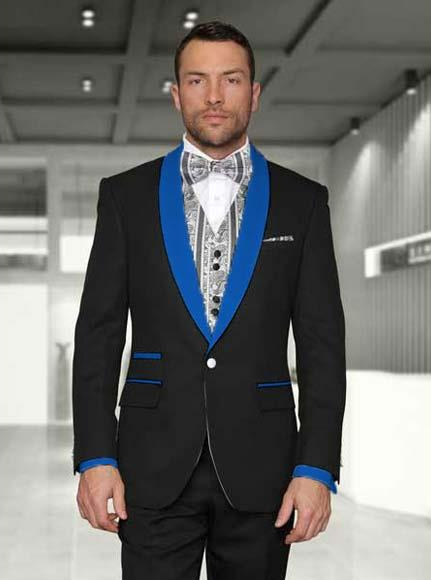  Men's 1 Button Black/Royal Blue Shawl Lapel Vested Modern Fit Evening Tuxedos