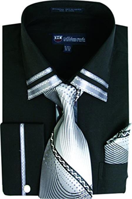  Men's Black Two Toned Long Sleeve Contrast Fashion Dress Shirt Tie Set