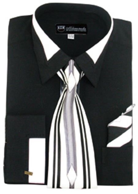  Men's French Cuff Contrast Collar Black Dress Shirt Matching Tie and Hanky Set