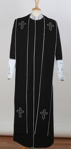 Men's Big & Tall Church Cross Accent Robe With Stole Mandarin Black/Silver Suits 