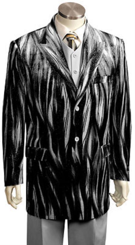 Entertainer Liquid Jet Black Silver Velvet Cool Sparkly Zebra Print Suit For sale ~ Pachuco men's Suit Perfect for Wedding pronounce visible Gangester 