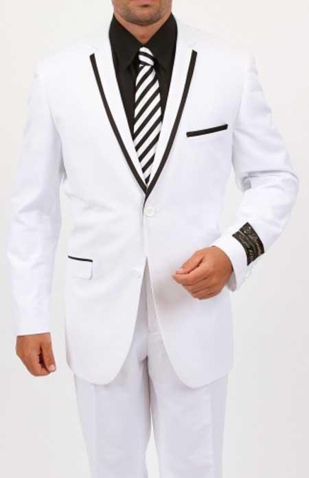 Liquid Jet Black Lapel Two Toned Two Piece Slim narrow Style Fit Suit ( Jacket and Pants)  For Men - Satin Trimmed Lapel White Clearance Sale Online