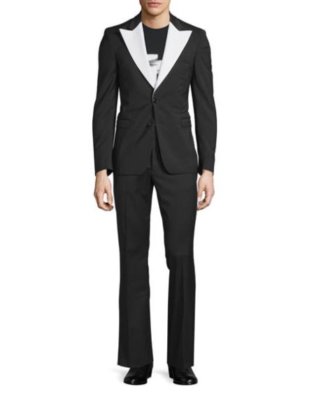  Men's Black Contrast Peak Lapel Slim Fit 2 Piece Long Sleeve 1920s tuxedo style