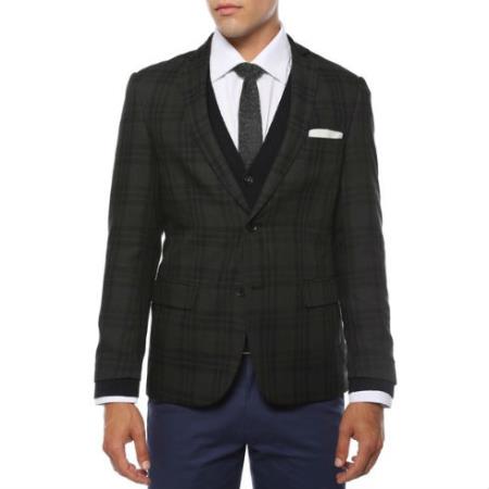 Skinny Cut Tweed Windowpane Pattern Liquid Jet Black and Grey Blazer Online Sale 