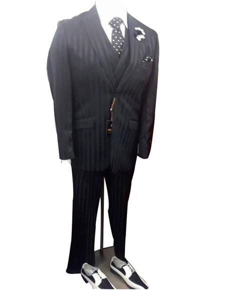 Black striped 2 button peak lapel flap front pocket vested suit mens