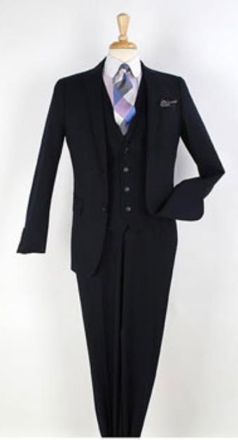  Men's 3 Piece 100% Wool Single Breasted Executive Black Suit Narrow Leg Pants