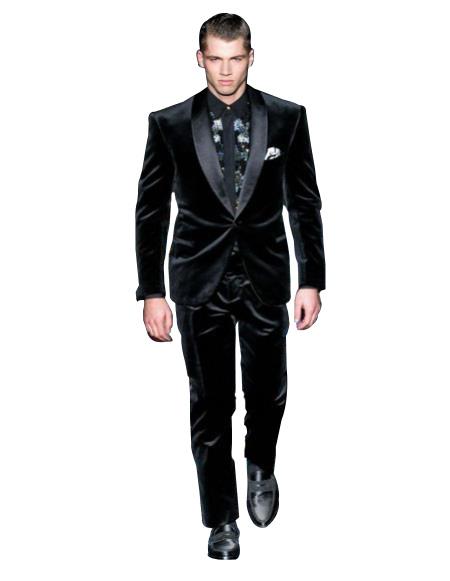  men's High Fashion Black Single Breasted Shawl Lapel Velvet suit
