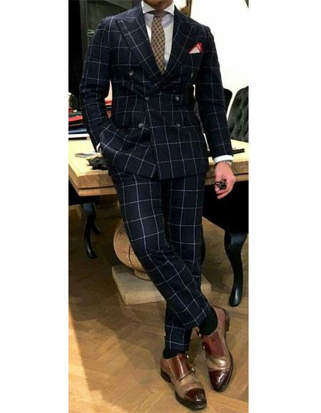 VINCI Mens Windowpane Plaid Double Breasted 6 Button Classic Fit Suit New