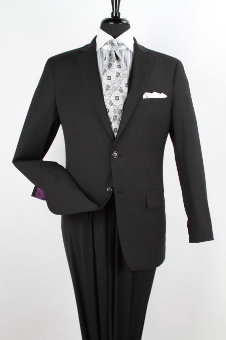 2 Piece 100% Wool Fabric Executive Suit - Notch Lapel Liquid Jet Black with Stripe ~ Pinstripe 