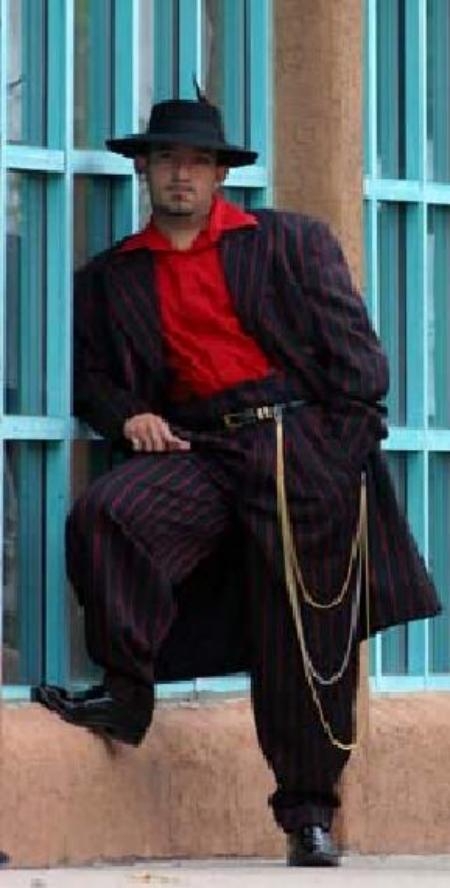 pronounce visible Gangester Liquid Jet Black and red color shade Pinstripe Fashion Long length Zoot Suit 