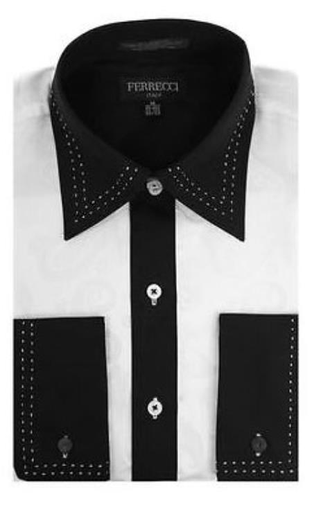 Two Toned Lay Down Collar Microfiber Design Two Tone Stitched Regular Fit Dress Shirt Liquid Jet Black and White 