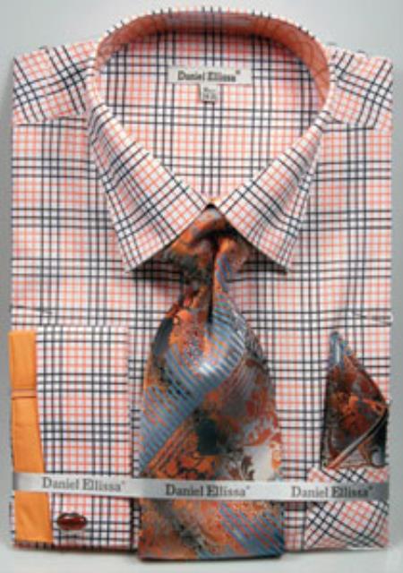 Daniel Ellissa Graph Checker French Cuff Dress Shirt Set Black/Orange 