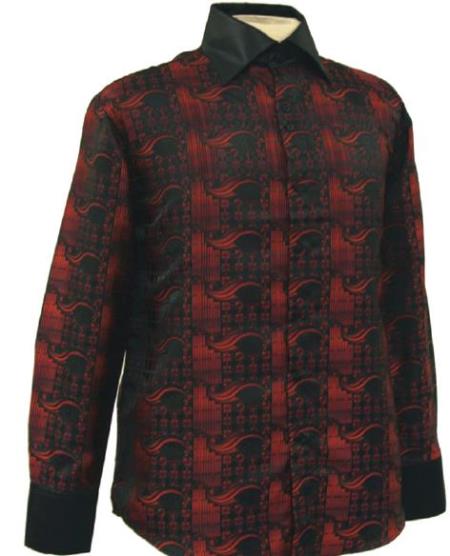 Fancy Polyester Dress Fashion Shirt With Button Cuff Liquid Jet Black / red color shade 