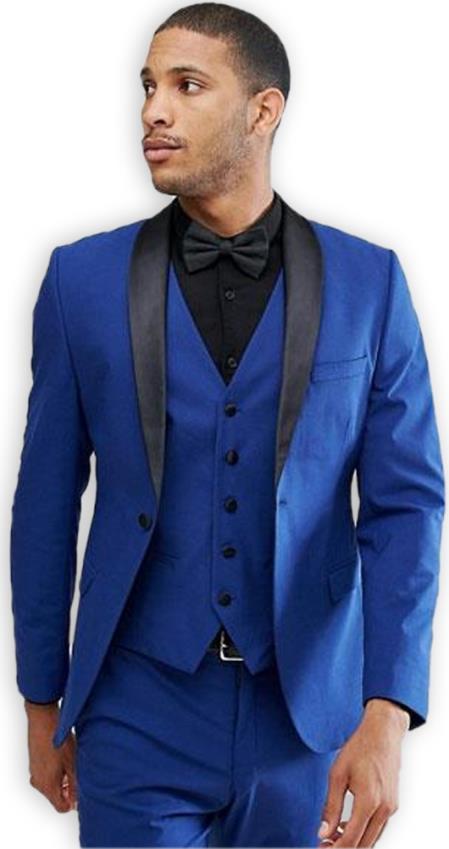  men's Blue 1 Button Shawl Lapel Single Breasted Slim Fit Vested Suit