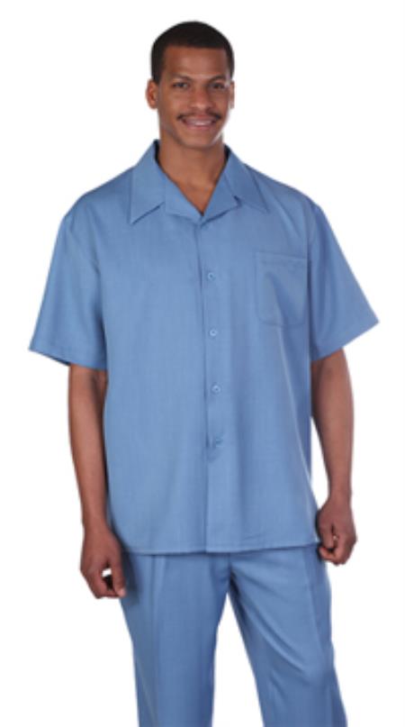 Leisure Walking Suit Shirt & Pleated Slacks Pants Solid Blue Short Sleeve trendy casual Sets 