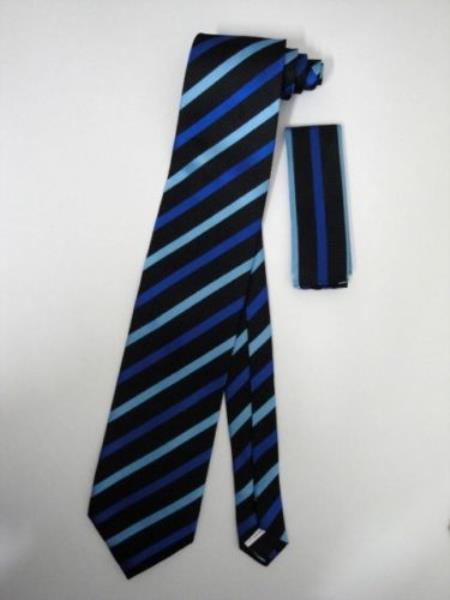 Neck Tie Set Liquid Jet Black W/ Navy Blue Shade Stripes 