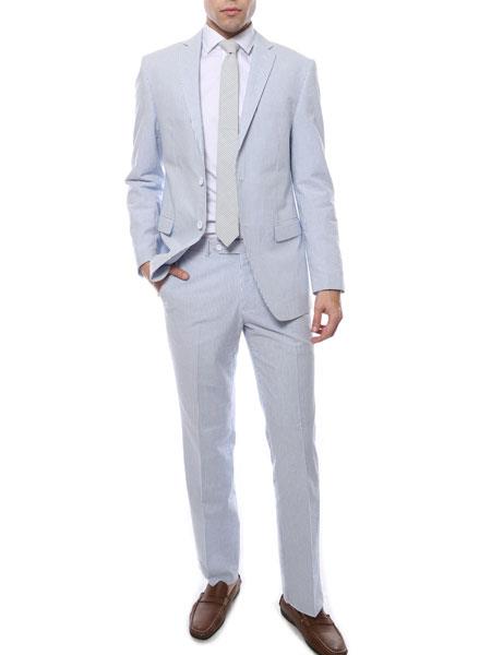 Men's 2 Piece Comfort Cotton Notch Lapel Blue Slim Fit Cheap priced men's Seersucker Suit Sale Cotton Suit