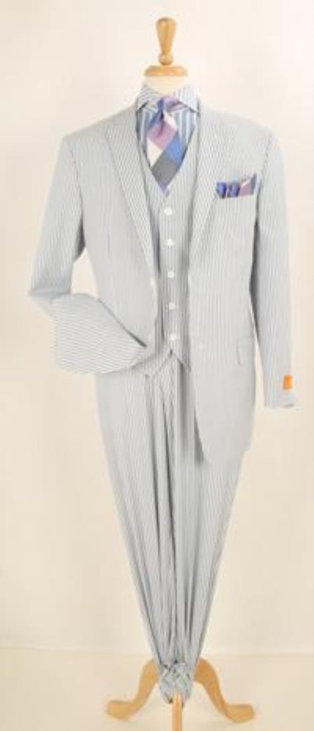 Mens Three Piece Suit - Vested Suit 3 pc Blue Summer Cheap priced men's Seersucker Suit Sale Fabric Suit -Flat Front Pants Slacks Pants 