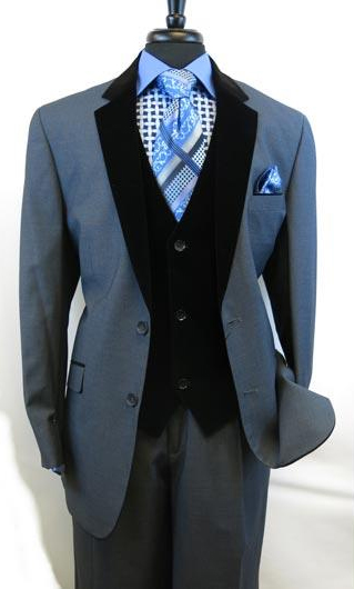  Men's 2 Button Blue Velour Notch Velvet Lapel Vested Single Breasted Side Vents Suit