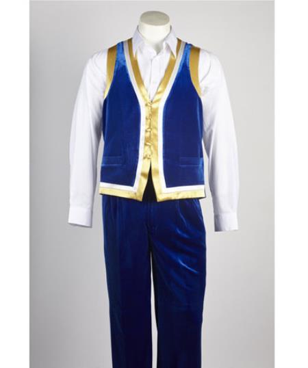  Men's Royal Blue Matching Velvet Pant & Vest set with With Gold Satin Trim 