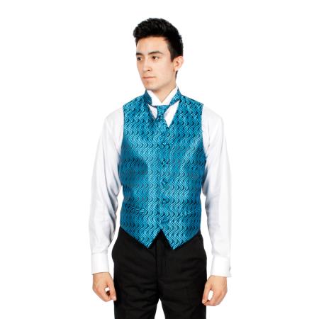 Blue/ Liquid Jet Black Ripple Vest, Bowtie Necktie and Handkerchief Set 