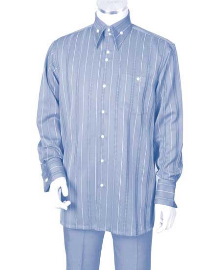  Men's 2 Piece Crisp Multi Stripe Long Sleeve Blue Walking Suit
