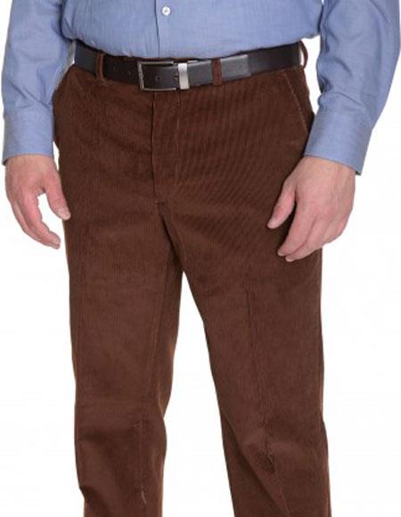 Mens Vicuna Light Brown - Dark Camel Corduroy Brown Cotton Flat Front Formal Dressy Pant