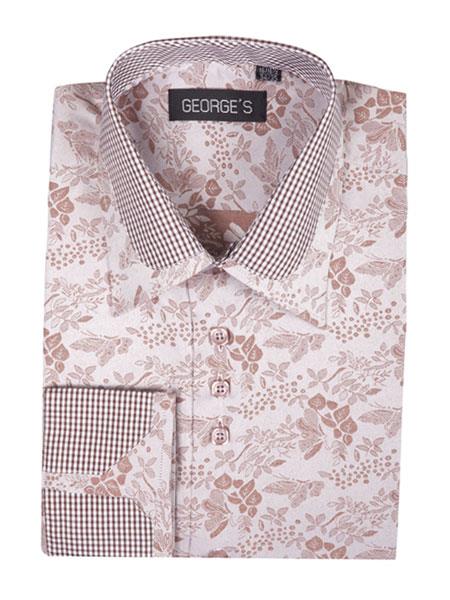  Men's Cotton Blend Brown Classic Fit Floral Pattern Standard Cuff Shirt