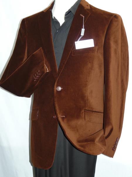 Mens Solid Brown Velour Two Button Cotton Blazer Sportcoat 