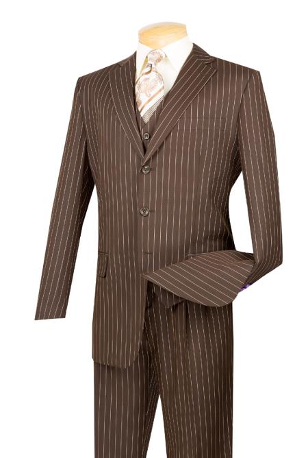 brown color shade With Cream Pinstripe Vested 3 Piece three piece suit - Jacket + Pants + Vest 