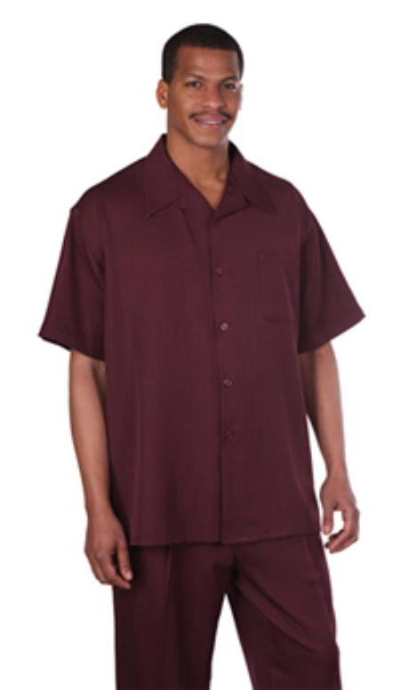 Leisure Walking Suit Shirt & Pleated Slacks Pants Solid Burgundy Short Sleeve trendy casual Sets 