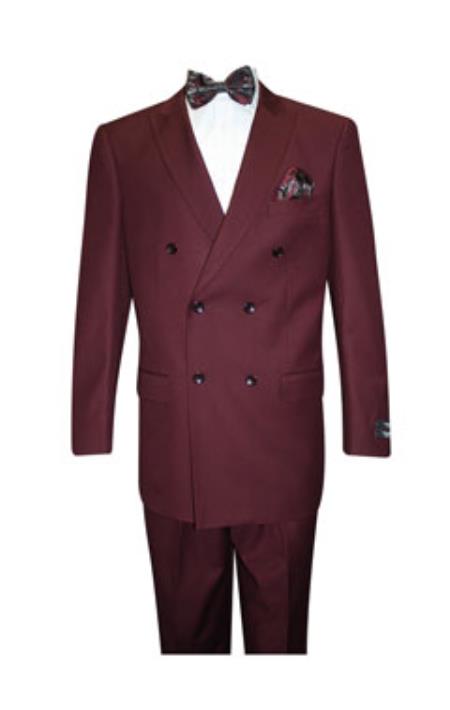 Burgundy Classic Double Breasted Wool  Solid Color Suit Wool