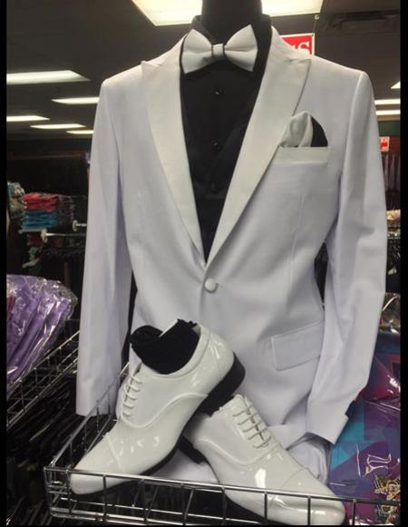  men's Peak Lapel vested 1920s Tuxedo Style suit paired with shiny Flashy white dress shoes
