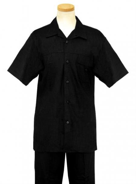 Mens 2 Piece Mens Linen Suit - Causal Outfits / Cotton Short sleeves 2 Piece Summer Walking trendy casual Suit Short sleeve Shirt + Pants Black / Beach Wedding Attire For Groom