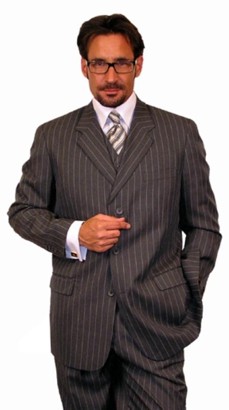 Dark Grey Masculine color Gray Chalk pronounce visible Pinstripe Vested 3 Piece three piece suit - Jacket + Pants + Vest 