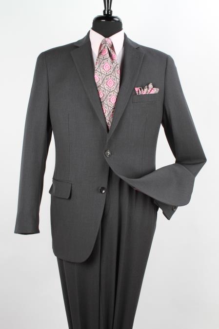 2 Piece 100% Wool Fabric Executive Suit - Notch Lapel Solid Dark Grey Masculine color Grey 