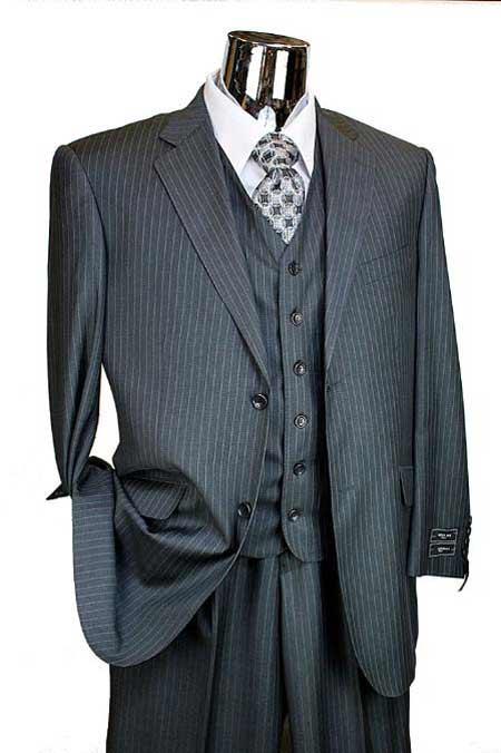 Dark Grey Masculine color Pinstripe 3 Piece 2 Button Style Italian Designer Athletic Cut Suits Classic Fit 