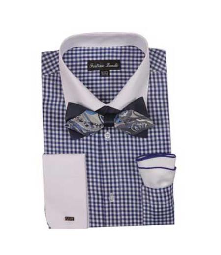  Checks Shirt French Cuff With White Collared Contrast High Fashion Bowtie And Handkerchief Navy