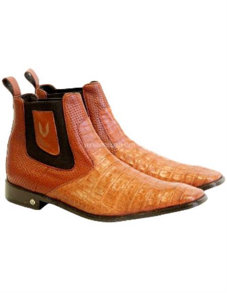  Men's Handcrafted Vestigium Boots Genuine Caiman Belly Chelsea Cognac Boots