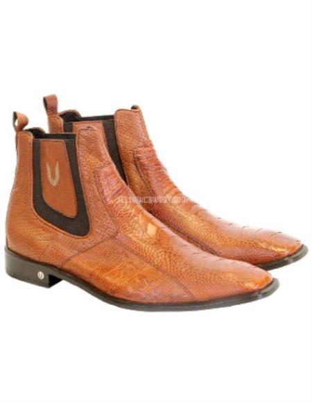 Men's Handcrafted Vestigium Genuine Ostrich Leg Chelsea Cognac Boots 