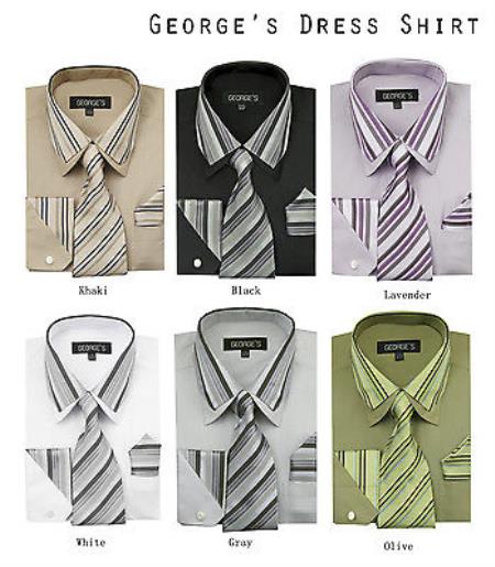 Classic Dress Shirt Set w/ Tie And Handkerchief Striped Col