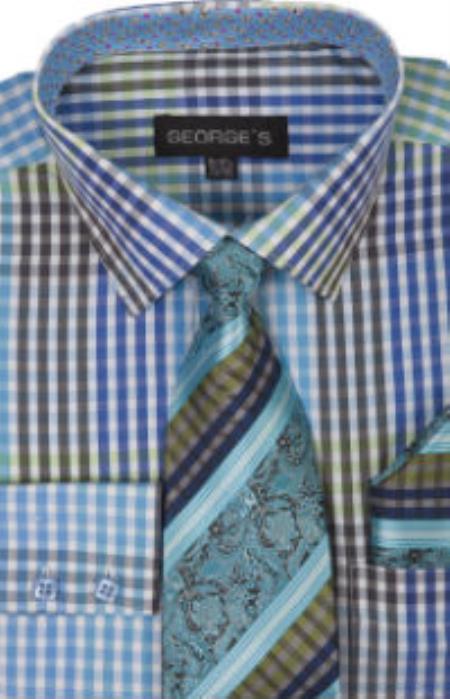 Mens Turquoise Dress Shirt Georges 60% Cotton 40% Polyster Checkered Shirt Tie and Handkerchief Aqua Turquoise
