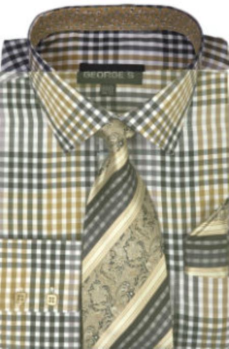 George's 60% Cotton 40% Polyster Checkered Shirt Tie and Handkerchief brown color shade 