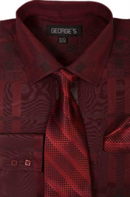 Cotton Geometric Pattern Dress Shirt with Tie and Handkerchief Burgundy 