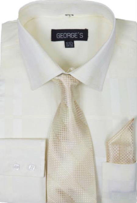 Cotton Geometric Pattern Dress Shirt with Tie and Handkerchief Cream 