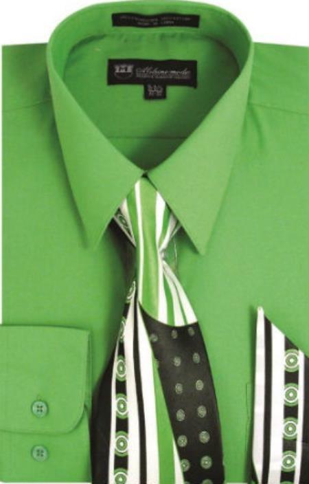 Milano Moda Classic Cotton Dress Shirt with Ties and Handkerchiefs Apple Green 