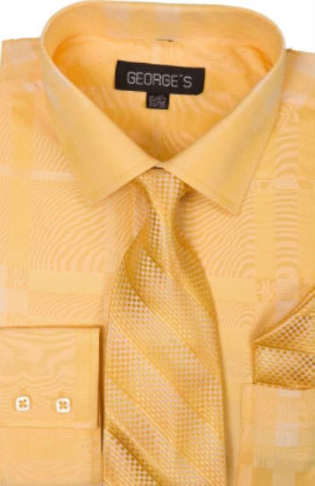 Cotton Geometric Pattern Dress Shirt with Tie and Handkerchief Gold 