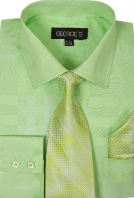 Cotton Geometric Pattern Dress Shirt with Tie and Handkerchief Lime Light Green Dress Shirt
